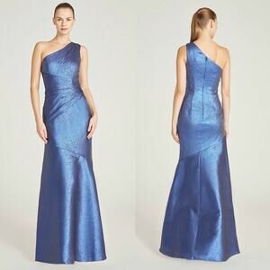 Theia One Shoulder Ruched Gown Sail Blue Silk Metallic Formal Wedding Size 2